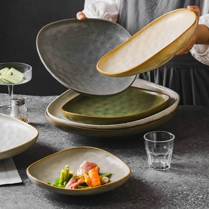 

8inch / 10inch Creative Triangular Irregular-shaped Plate Coarse Ceramic Plate Dessert Alad Fruit Plate Ceramic Meal Good Night
