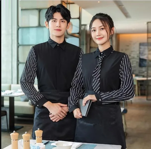 

Spring/Autumn Long Sleeve Black Striped Work Shirt+Apron Set Hotel DIY Logo Waiter Uniform Clothing Customized Logo Work Wear