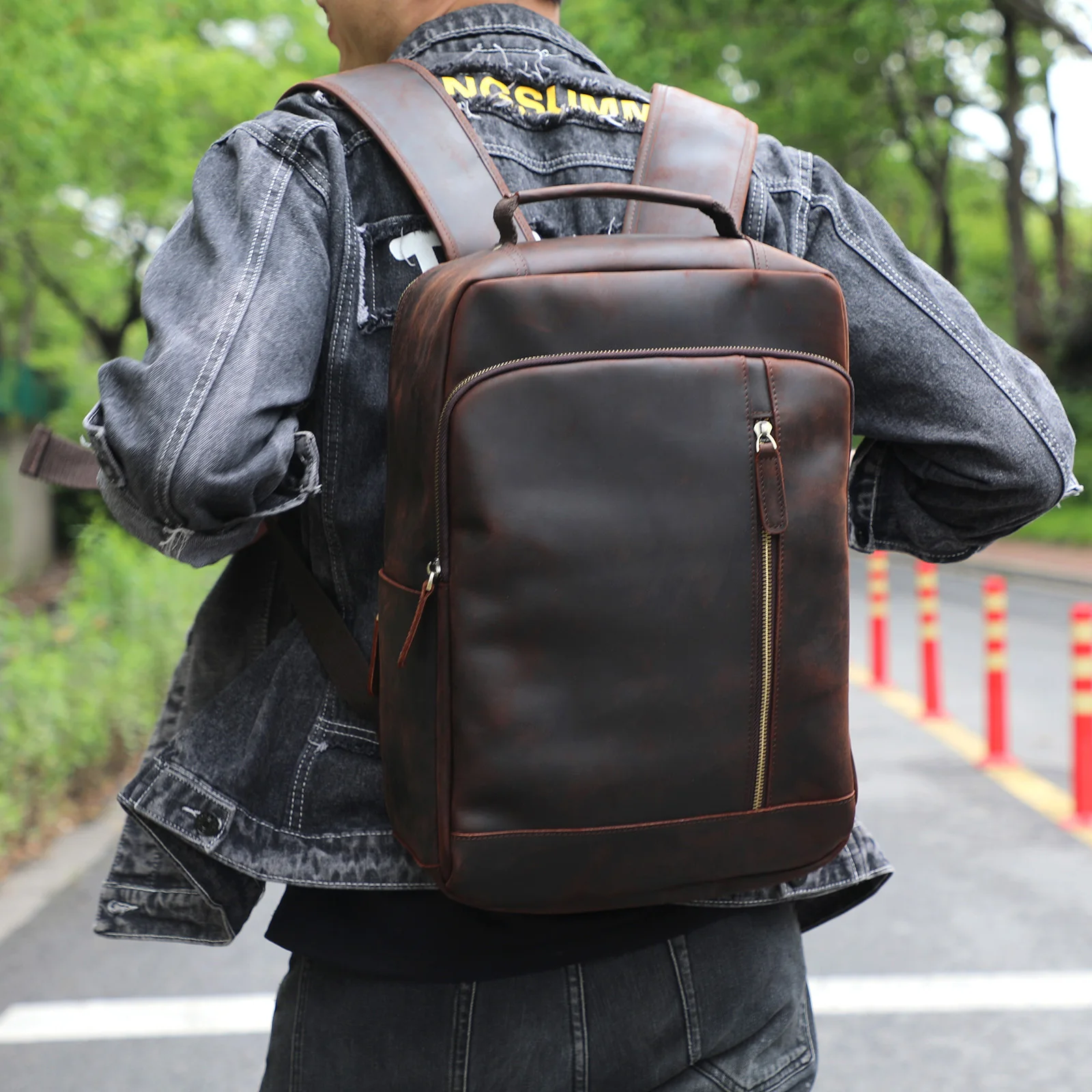 S.WORKER Vintage Echtleder-Rucksack Laptop-Tasche Crazy-Horse-Leder Schultasche Outdoor-Reise-Weekender-Schultertasche – Detail 5