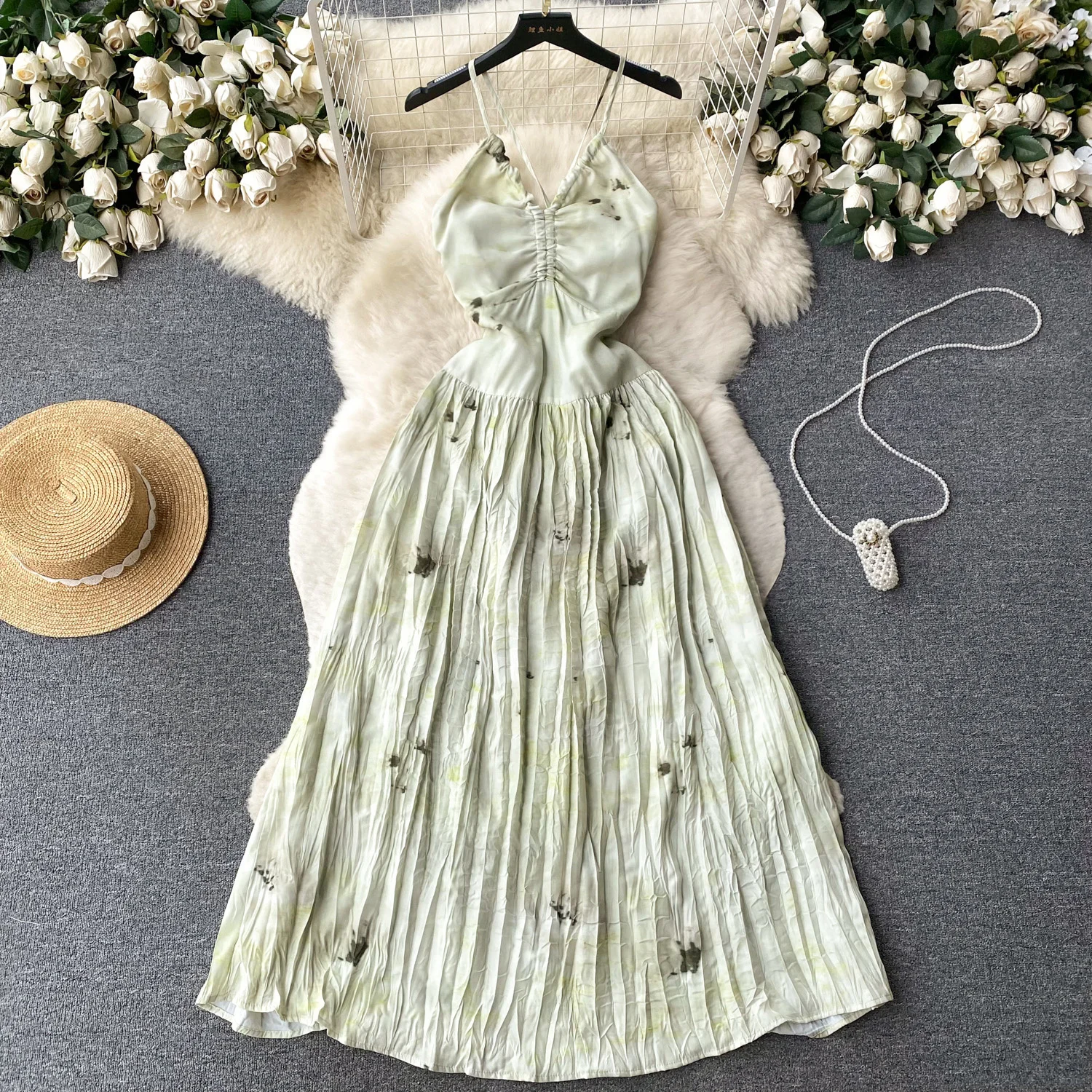 ssTss Beach Vacation Style French Floral Strap Dress For Women In Summer Backless Sleevless Shrink Waist Open Holidaydress