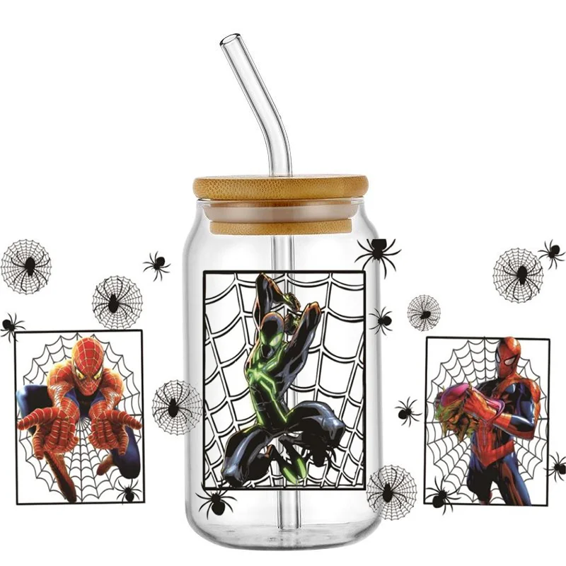 Miniso Superhero Cartoon 3D Spiderman 16oz UV DTF Cup Wrap Transfers Stickers Custom Labels DIY Waterproof Mug DIY Decal