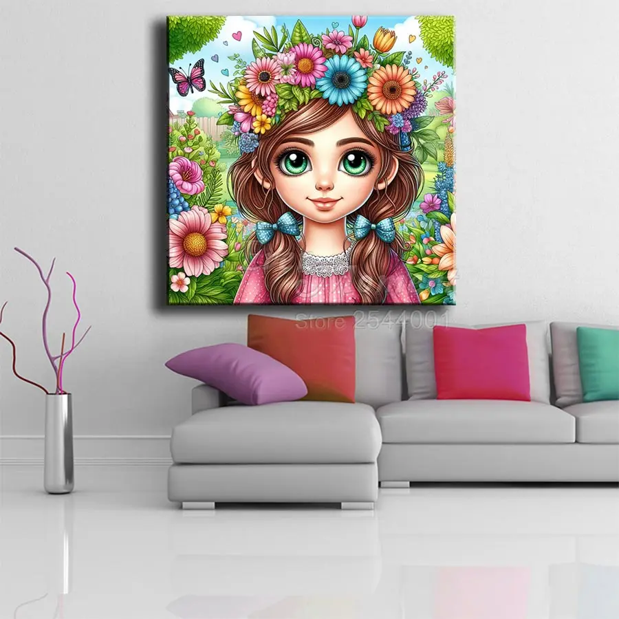 Ever Moment DIY Diamond Painting Cartoon Lovely Girl in Garden Glitter Dust Diamond AB Kits ASF2788