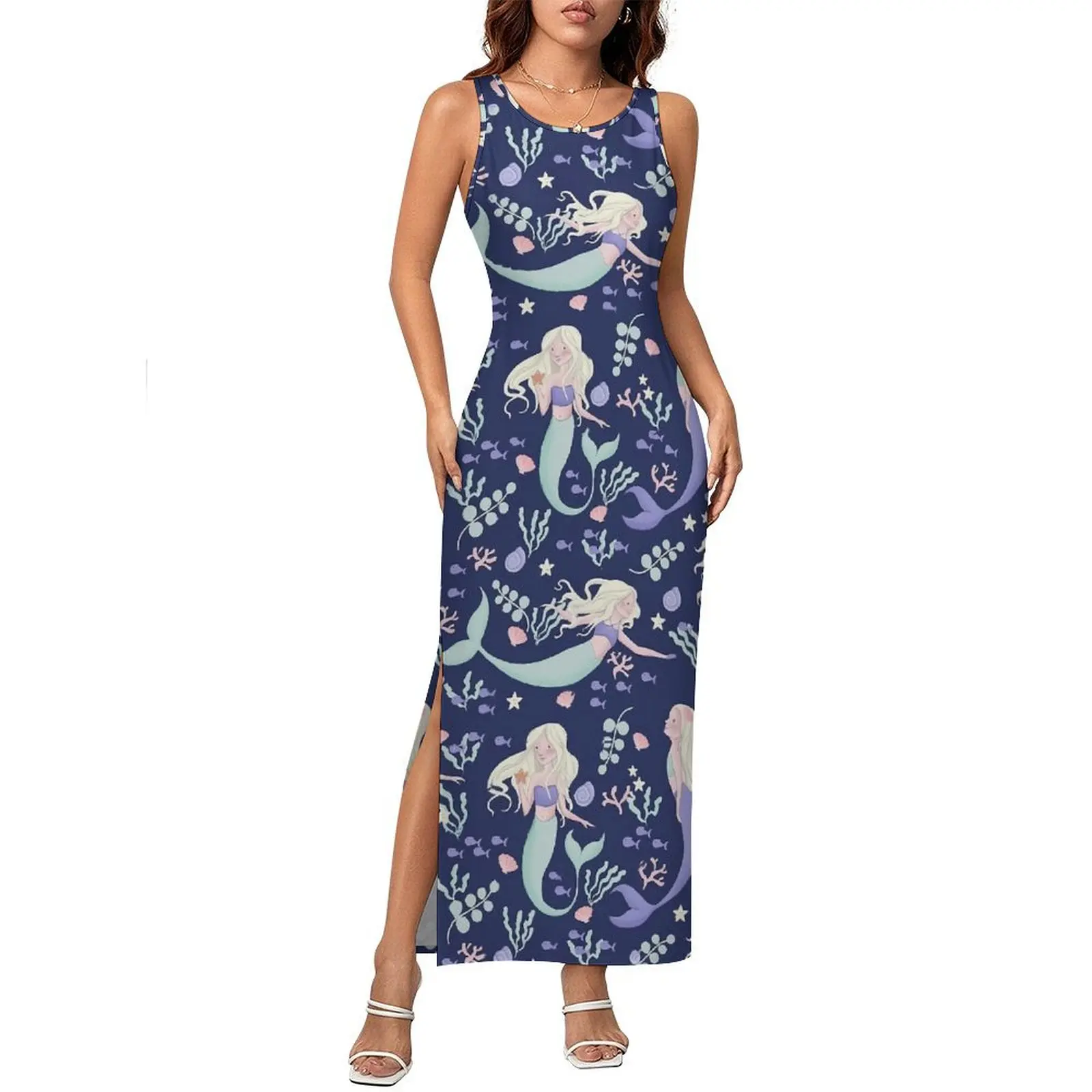 Mermaids Swimming Bodycon Dress Summer Floral Print Retro Maxi Dresses Woman Sleeveless Design Street Fashion Dress Big Size 4XL