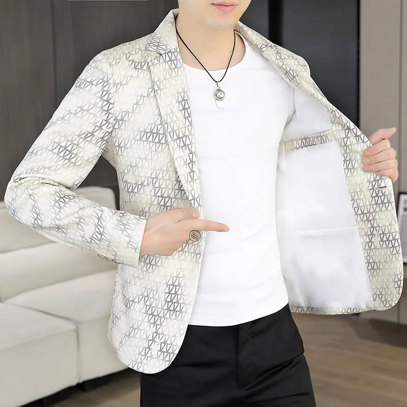 

Spring Autumn Men's Faion Slim Fit Casual Korean Sle Small Suit Jaet Trendy Versatile Top Stand Polyester Fiber