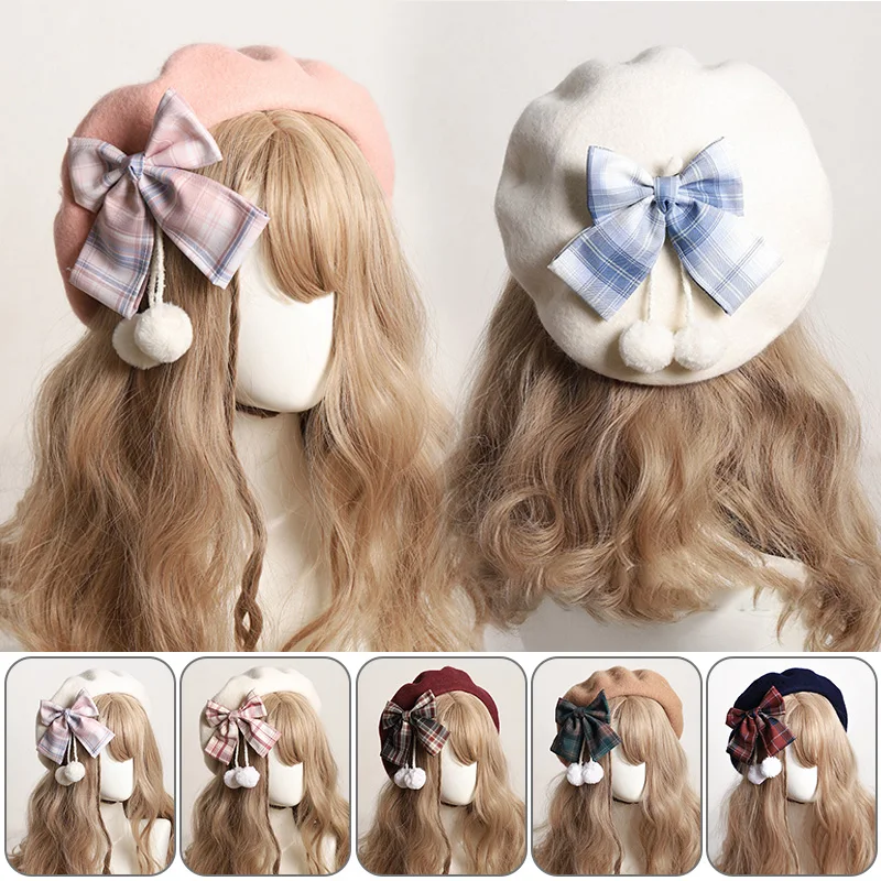 Japanese Lolita Hat Elegant Lady Winter Caps French Artist Warm Wool Beret Hat Stripe Bow Cap Girl Women Classic Painter Cap