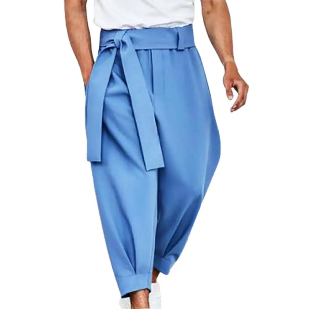 2024 New Men's Fashion Solid Color Pants Drawstring Casual Trouser Loose Wide Leg Pant Trousers M-3XL