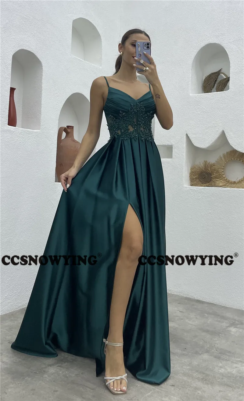 Einfache Satin Applikationen Spaghetti träger Ballkleid mit Schlitz V-Ausschnitt Abendkleider eine Linie Frauen formelle Party kleid Roben