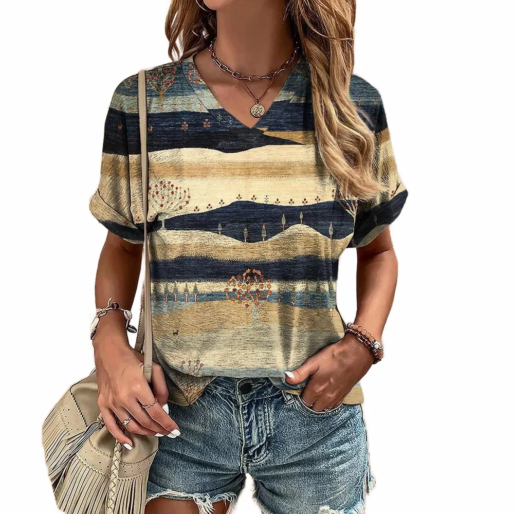 

Retro Women's T-Shirt Summer V-Neck Short Sleeve Tee Casual Harajuku Stripe Print T Shirt for Women Streetwear Pullover Tops New