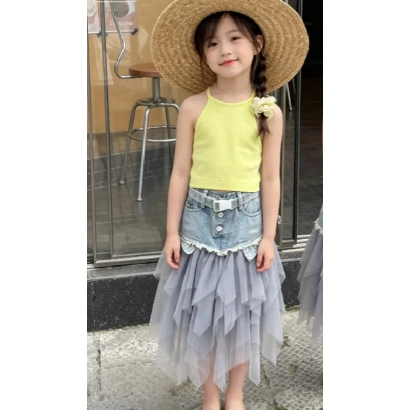 2026 Children's Clothing Set Summer New Cotton Girls' Thin Belt Vest Backless Short Sleeveless Denim Patchwork Yarn Skirt