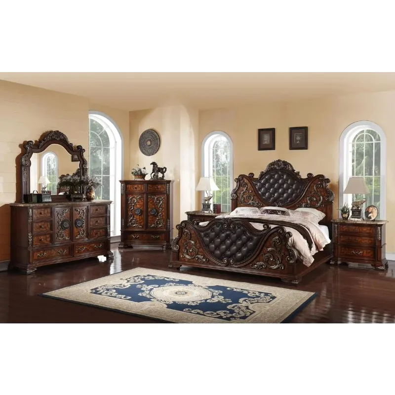 Cherry Wood Nightstand with Marble Top & 3 Drawers, Intricate Carvings Bedside Table for Bedroom, 32x19x30 Inch, Customized