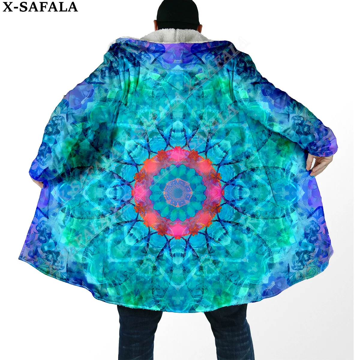 Mandala Psychedelic Trippy 3D Print Dream Cloak Thick Warm Hooded Men Overcoat Coat Windproof Fleece Cape Robe Blanket-3