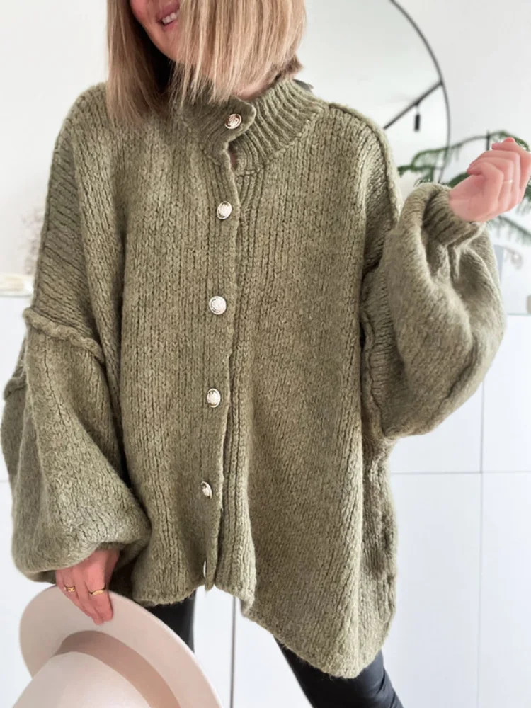 Casual Solid Cardigan Women Sweater Office Long Lantern Sleeve Oversized O-neck Pullover Long Sleeve Top 2024 Autumn Jumpers