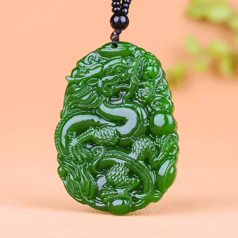 Natural Green Hetian Jade Stone Dragon pixiu Pendant Necklace Carved Chinese Jadeite Jewelry Charm Reiki Amulet Gifts Women Men