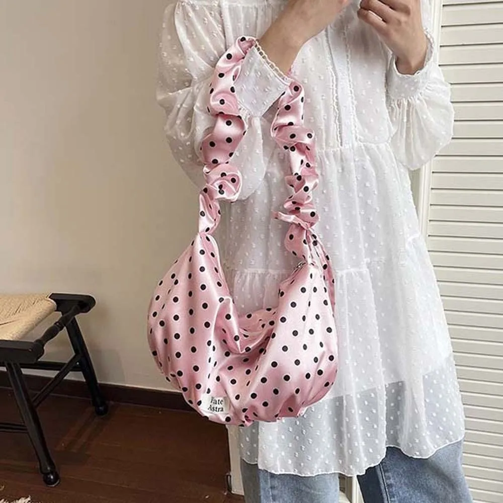 Lustrous Satin Polka Dot Bag Voluminous Silky-smooth Ruffle Strap Crossbody Bag Eye-catching High-density Cloud Dumpling Purse
