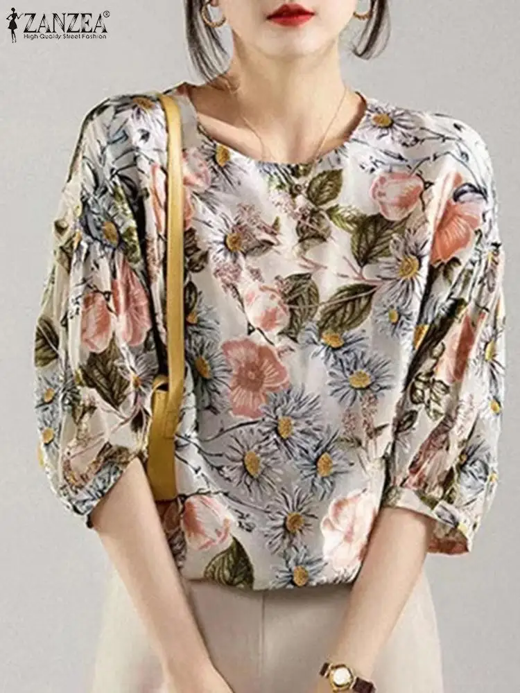 ZANZEA-Blusa floral estampada com o pescoço para mulheres, manga lanterna feminina, túnica elegante, camisa casual, diária, verão, 2022