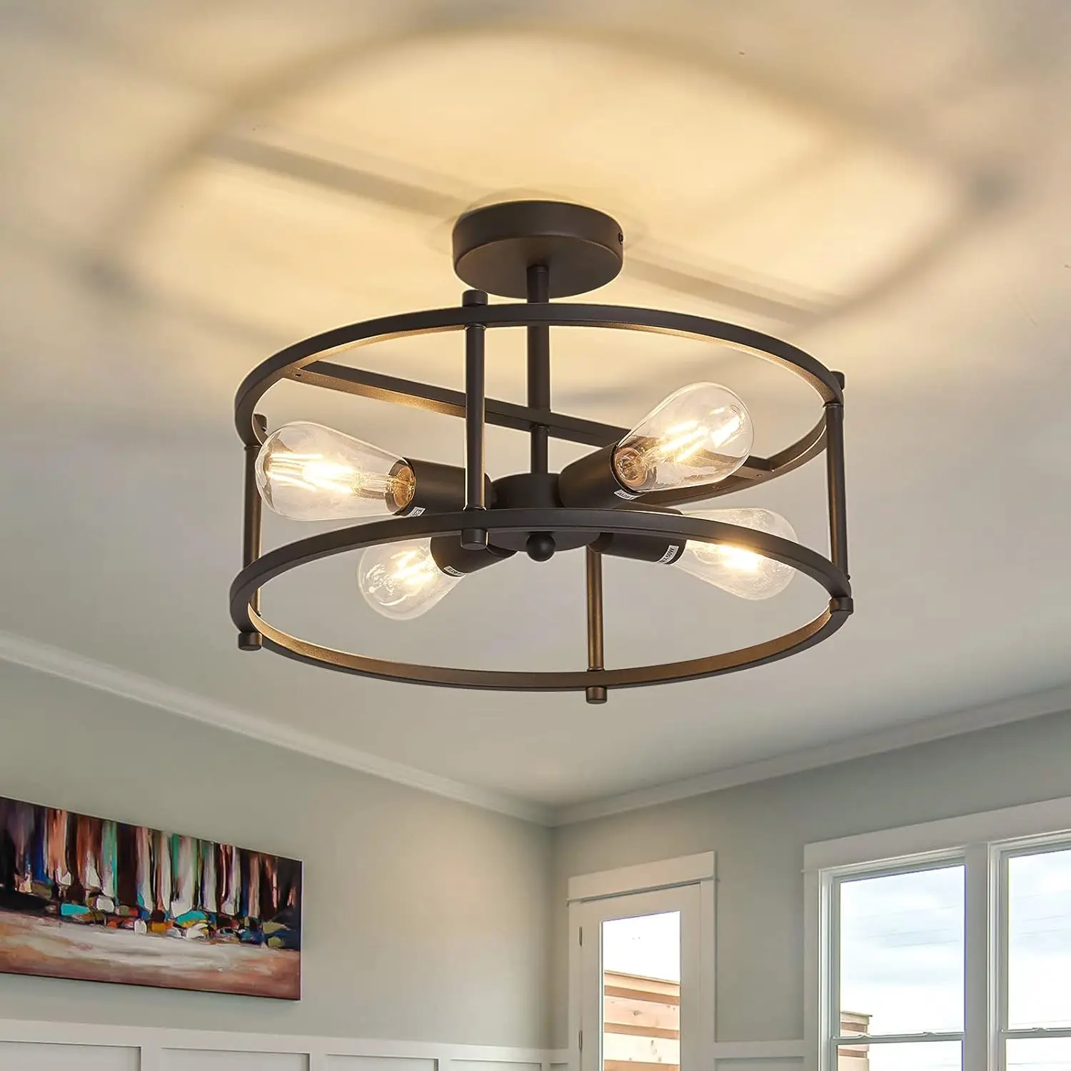 

Industrial 4-Light Semi Flush Mount Ceiling Light, Rustic Black Farmhouse Chandelier for Kitchen, Dining Room, Hallway, Bedroom