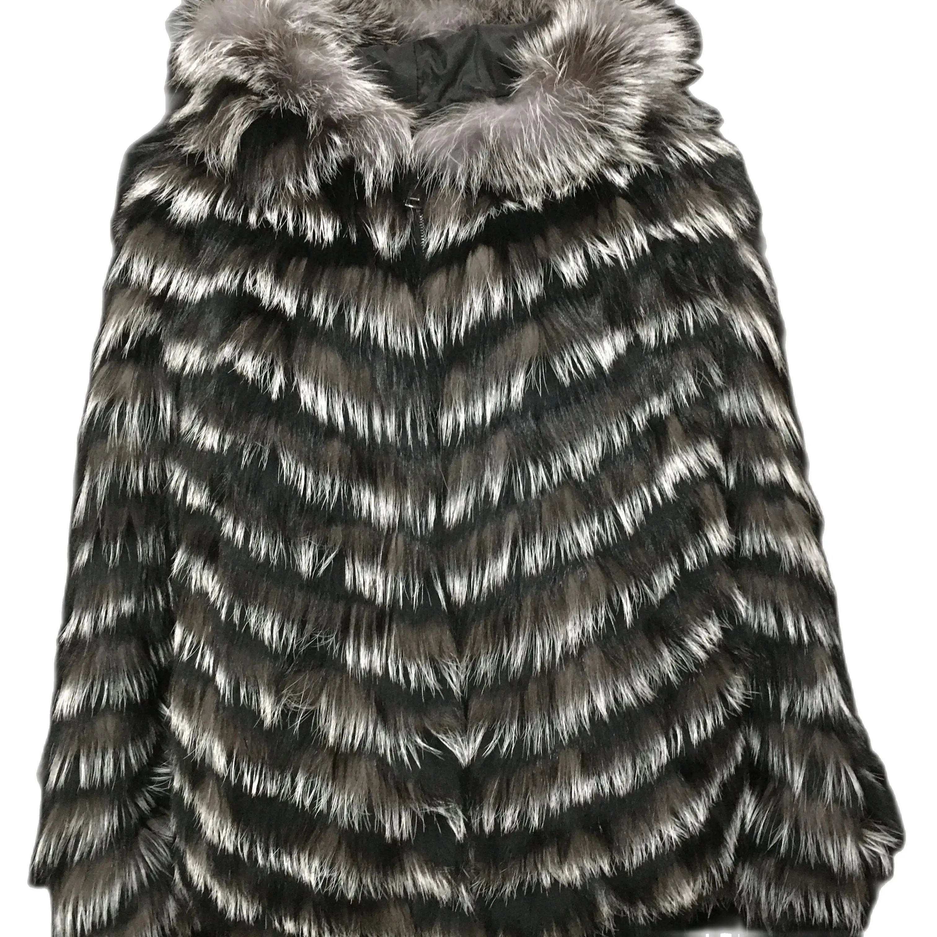 Gestreifter Mantel aus echtem Fuchspelz mit Kapuze für Damen, sehr dünne Oberbekleidung, Frühling und Herbst, B210908