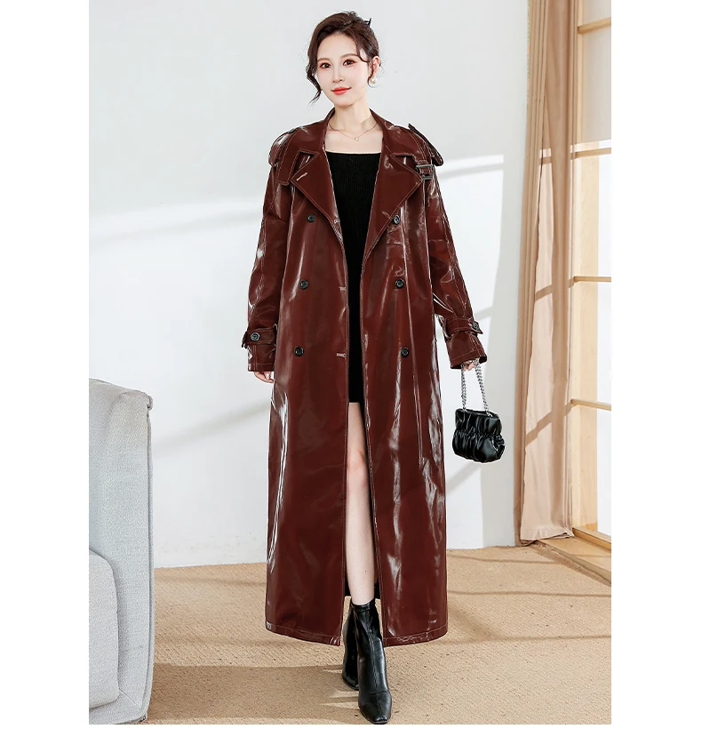 Lautaro Spring Autumn Extra Long Oversized Cool Reflective Shiny Black Patent Leather Trench Coat for Women Belt Runway Fashion