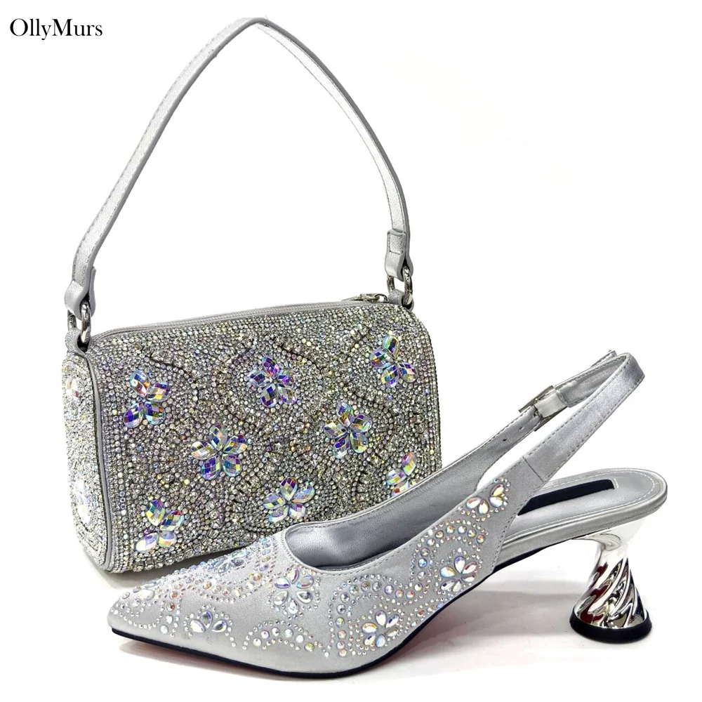 Newest Nigerian Rhinestone Comfotable Heels Shoes With Bag Set Bag Set Ladies Style Sandal Shoes And Bag Set For Wedding Party