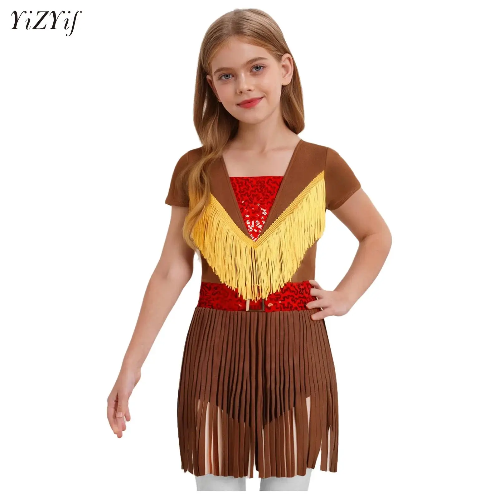 

Cowgirl Girl Costume Kids Tassels Patchwork Dress Halloween Carnival Party Western Fancy Dress Up Children Cowboy Clothes