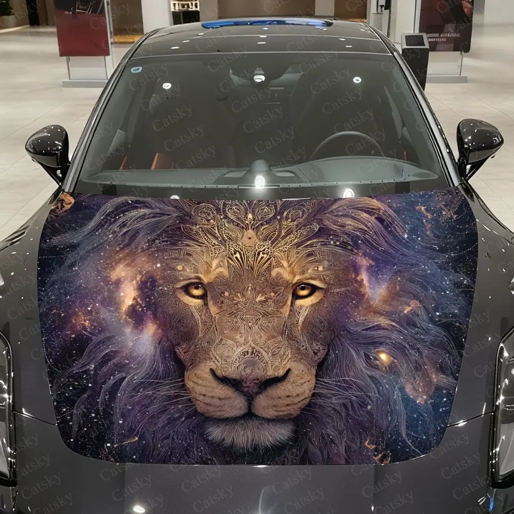 Starry Sky Lion Car Hood Graphic Stickers, Car Aesthetics, Eye-catching Pattern Decorations, PVC Waterproof Self-adhesive Sticke