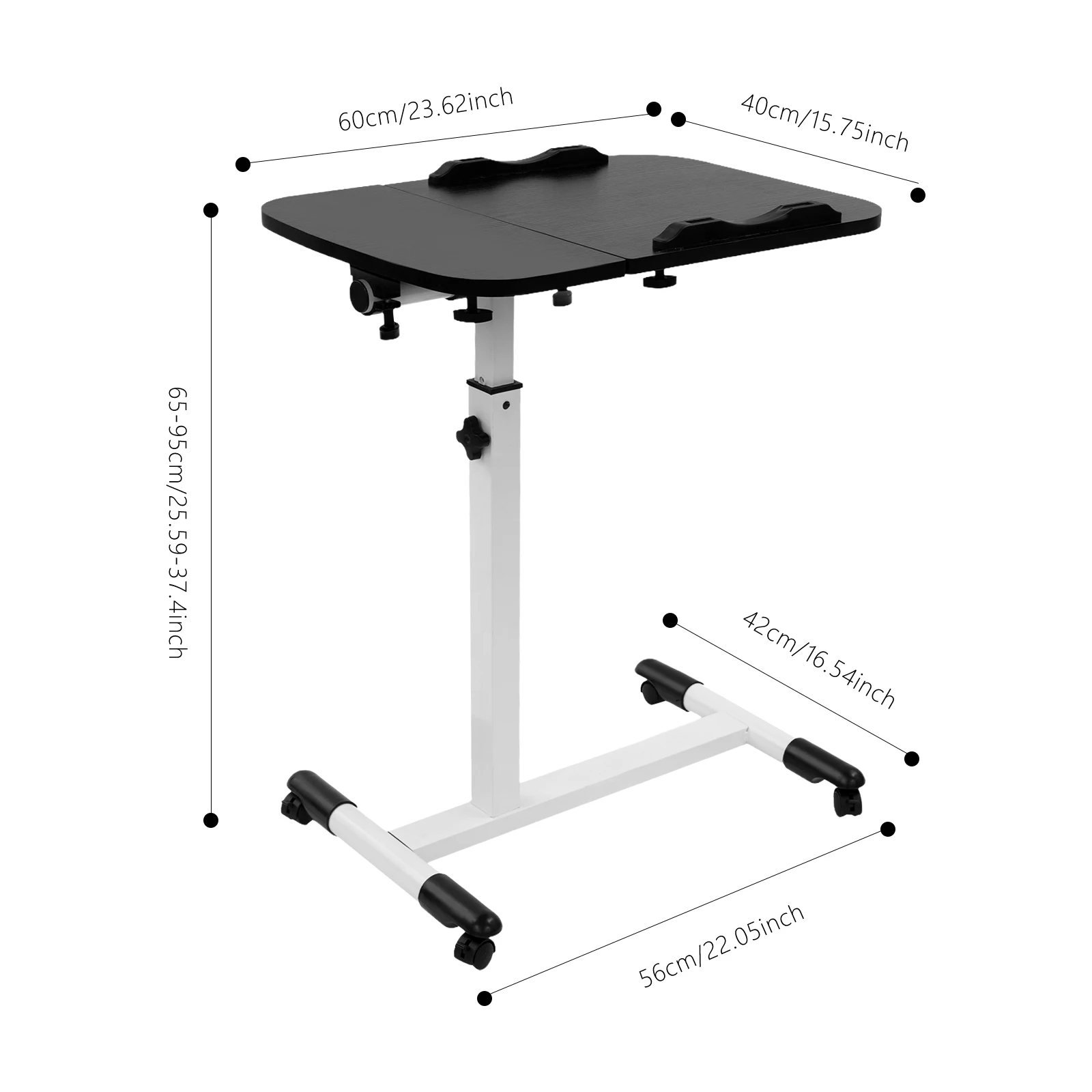 Höhenverstellbarer beweglicher Beistelltisch 65–95 cm, 4 Bremsräder 0–90 ° Falten Sie 15 kg Traglast in Schwarz/Weiß für das Heimbüro – Detail 1
