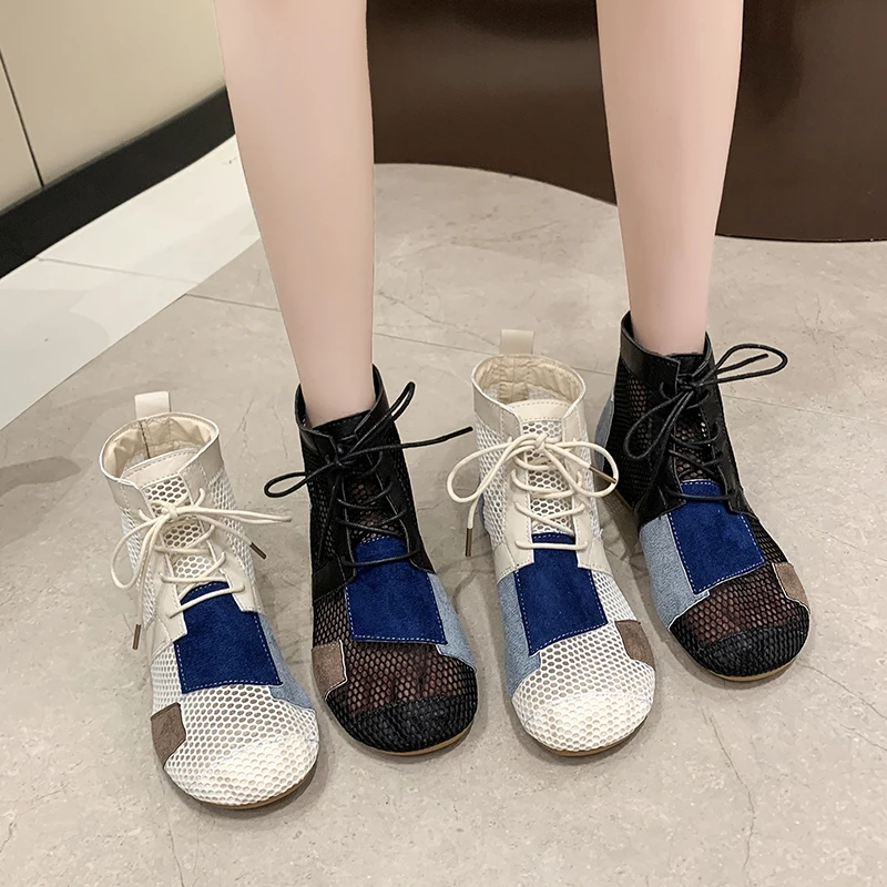 Summer Mesh Surface Women Sandals Fashion Cool Boots Color Blocking Tie Shoes for Women Luxury Designer Sandals