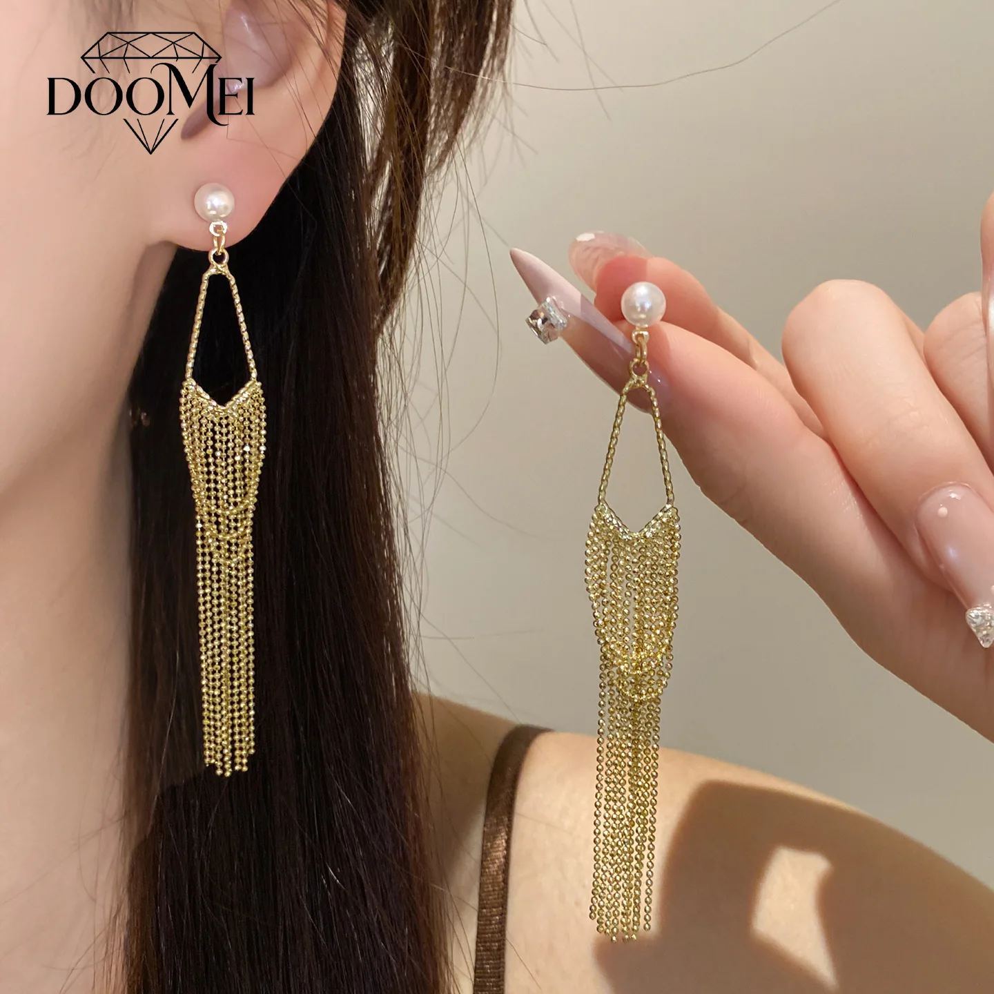 DOO MEI Europe and America Chain Tassel Earrings High-end Faux Pearl Dangle Earrings Women's Banquets Eye-catching Jewelry