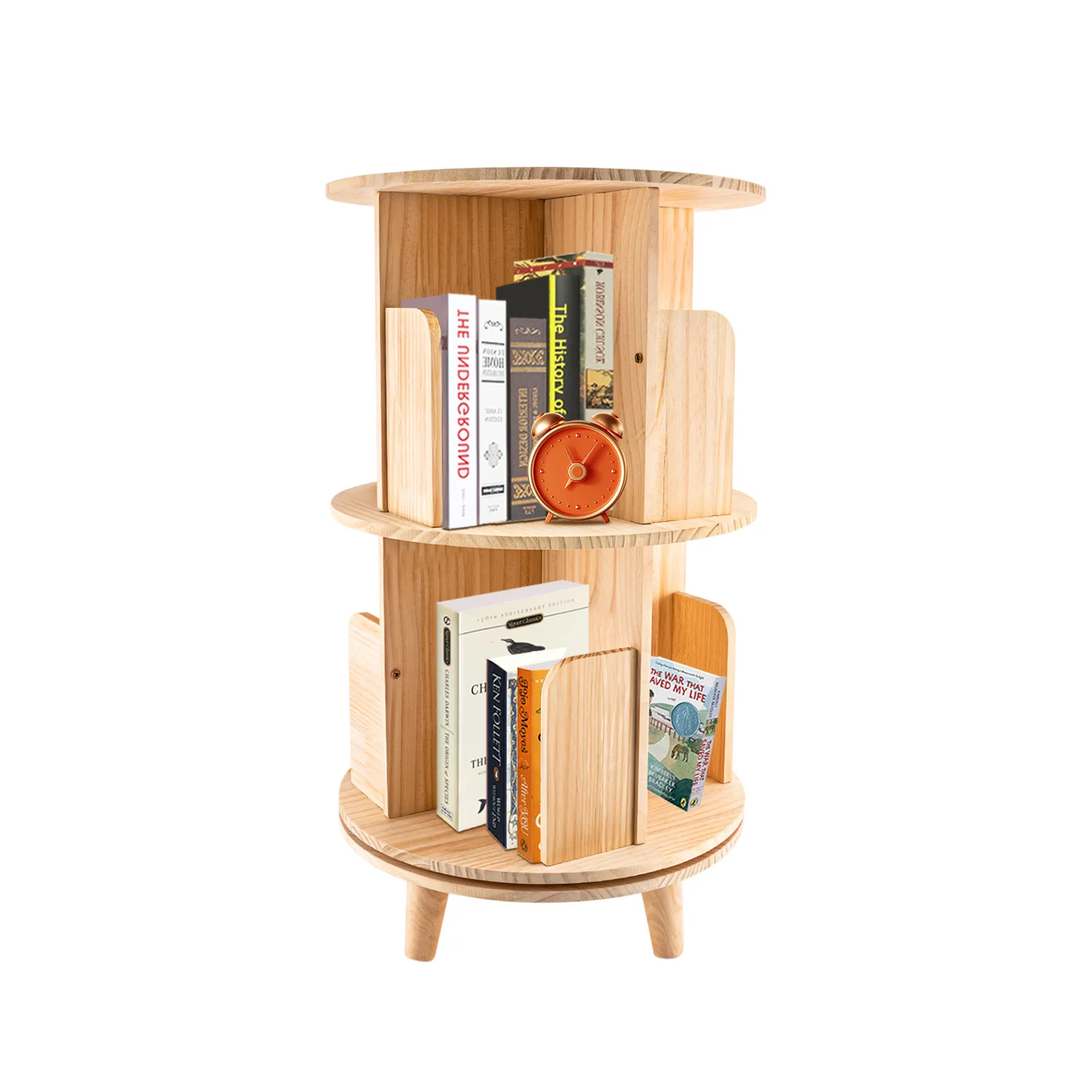 

2-Tier Rotating Kids Bookshelf, Pine Wood Open Storage with Stable Steel Ball Rotation for Room Study Organization