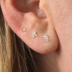 3PCS/Set Trendy Stainless Steel Crystal Flower Moon Earrings for Women Helix Tragus Cartilage Ear Stud Earring Piercing Jewelry