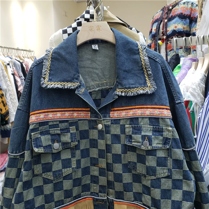 Harajuku Vintage Etnische Stijl Omzoomd Stiksels Vrouwen Denim Jas Blauw Zwart Herfst Casual Lange Mouw Revers Jeans Jas Vrouwelijke