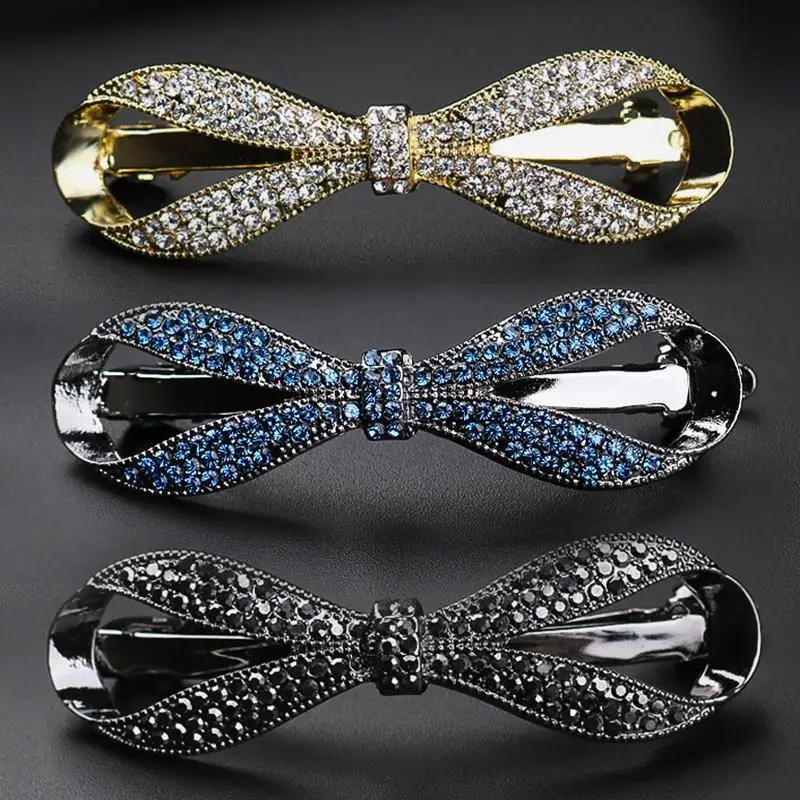 Full Rhinestone Bow Spring Hair Clip Lightweight Half Up Back Head Hairstyle Accessory Premium for Women
