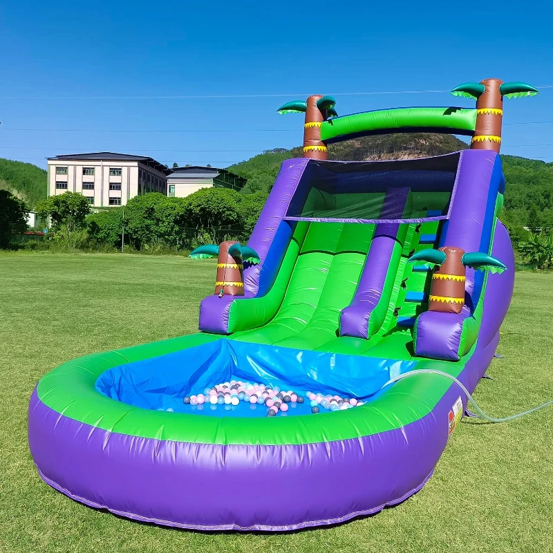 Large Inflatable Water Slide Wet Dry Use with Splash Pool Palm Tree Themed Double Lane for Kids Outdoor Playground Party Fun