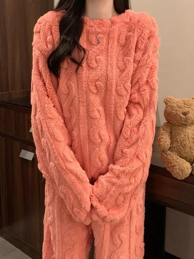 Autumn Winter Fleece Wool Women Warm Plush Pajama Sets New Fashion Coral Velvet Pajamas Suit 2024 Padded Thickened Leisure Suit