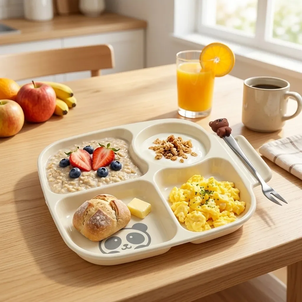 4 Compartment Plastic Dinning Plates Portion Control Divided Plate Kids Breakfast Snack Food Tray Dish Tableware with Handle