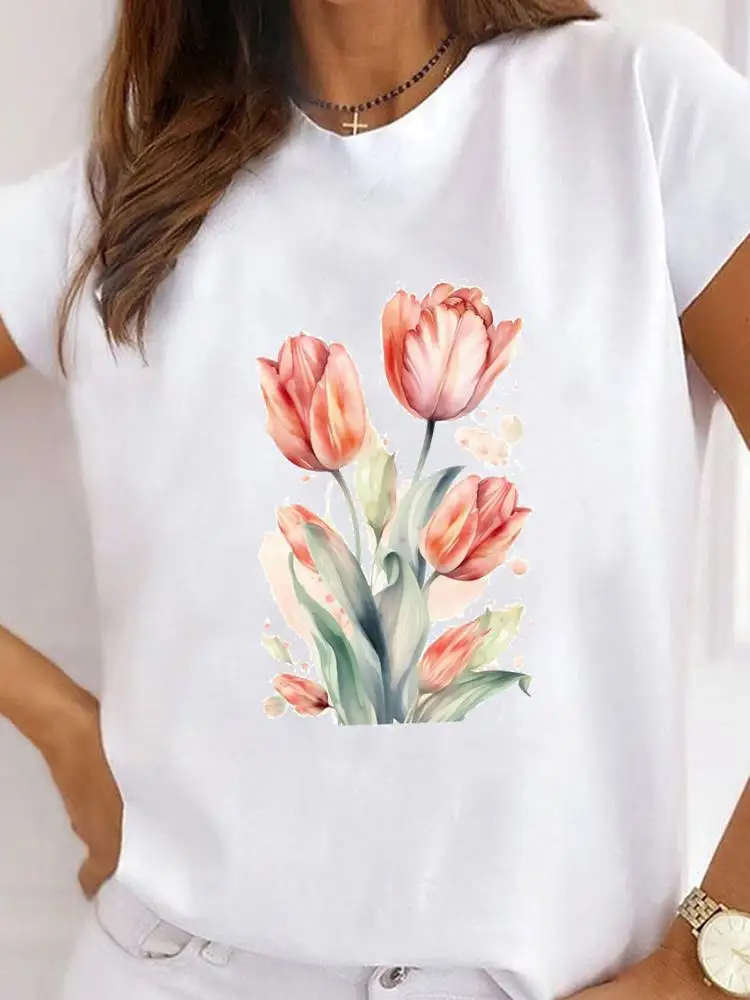 

T-shirt Ladies Fashion Basic Tee Top Clothes Women Graphic Flower Watercolor Trend 90s Short Sleeve Print T Shirt Clothing