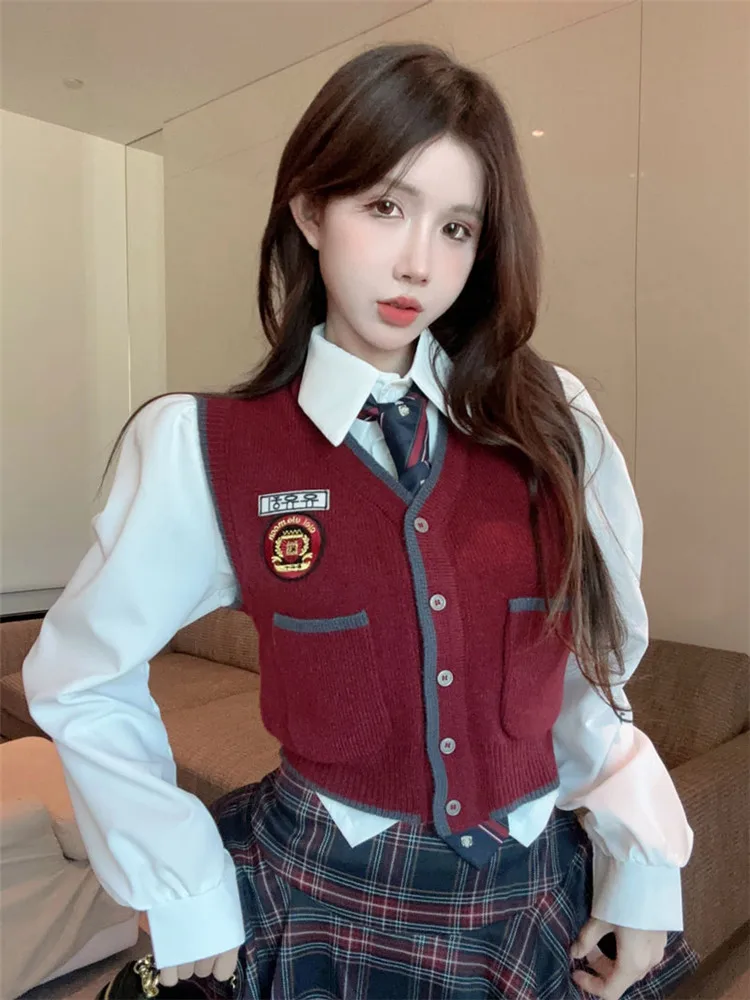 Preppy Style Spice Girl Fashion 2 Pieces Matching Sets Y2k White Shirt&Short Knit Vest&Plaid Mini Shorts Skirt 3pc Uniform Suits