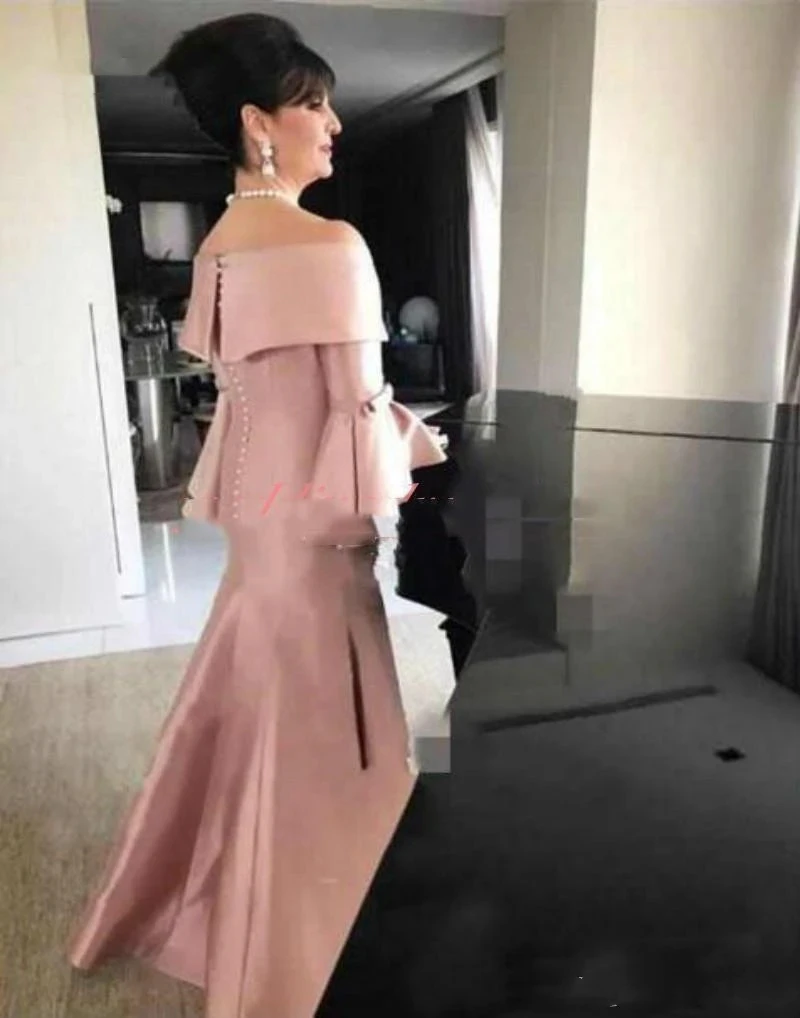 Elegant Pink Long Mermaid Formal Evening Dress For Women Flare Sleeves Boat Neck Mother Of The Bride Dresses Prom Party Gown