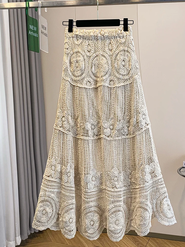 Bohemian Lace Hollow out A-Line  Skirt Light Beige High Waist Slim Fit Long Skirt Trendy Women's Polyester Fiber Skirt