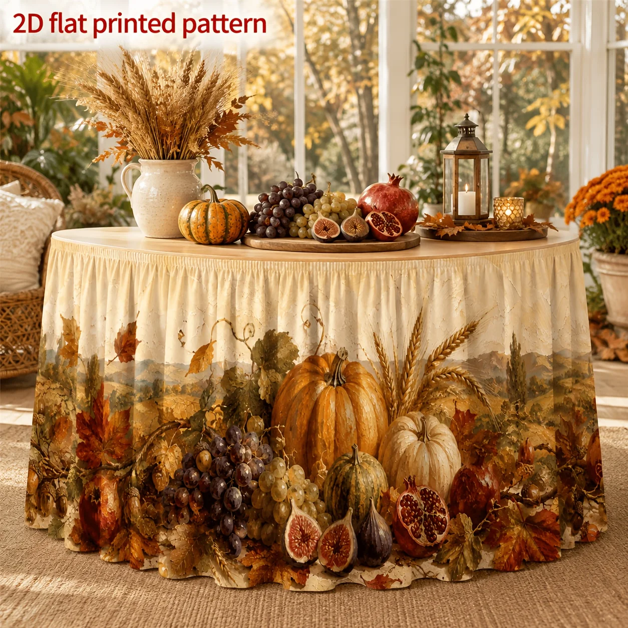 One-piece autumn harvest table skirt, suitable for Thanksgiving and autumn table decoration, featuring pumpkins