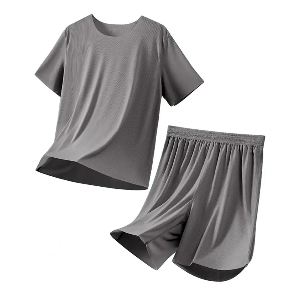 New 2Pcs/Set Men Pajamas Set Teenager Short Sleeve Tops Elastic Waist Shorts Set Ice Silk Breathable Thin Loungewear Set