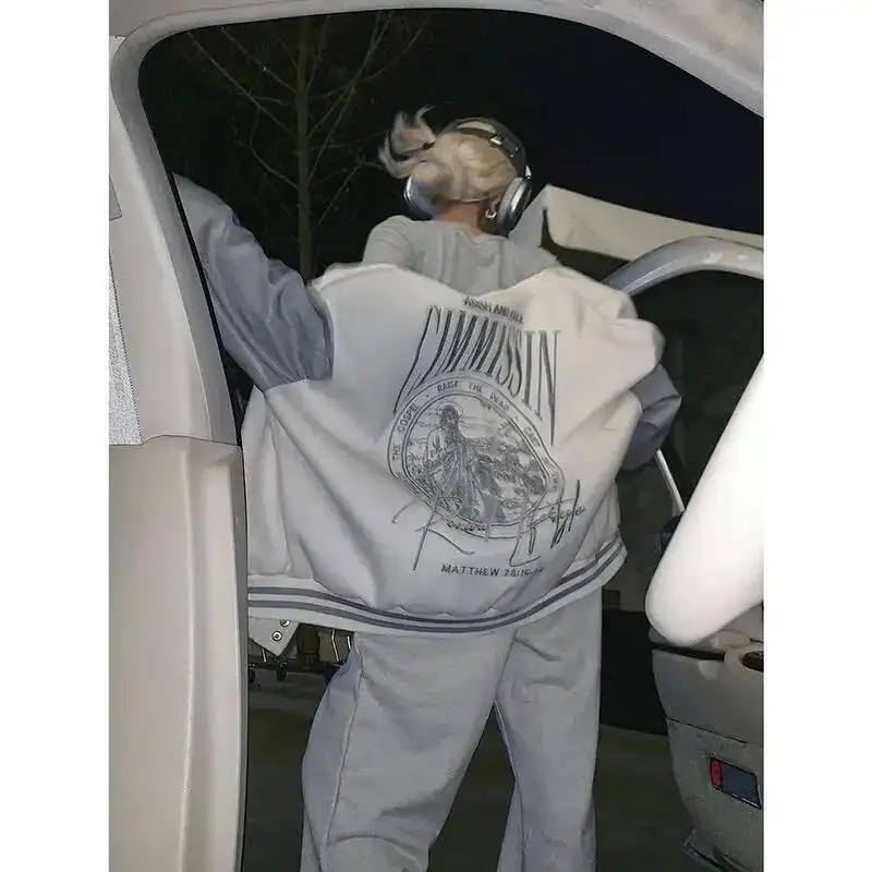 

Vintage Embroidery Outerwear Stitching Bomber Jackets Traf Varsity Jacket Baseball Uniform Color Contrast Couple Coat For Women