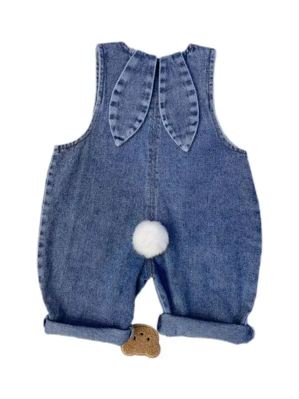 Children's Denim Overalls Spring Autumn 2025 Rabbit Ear Casual Long Pants Polyester Fiber 100% Fashionable Cute Style