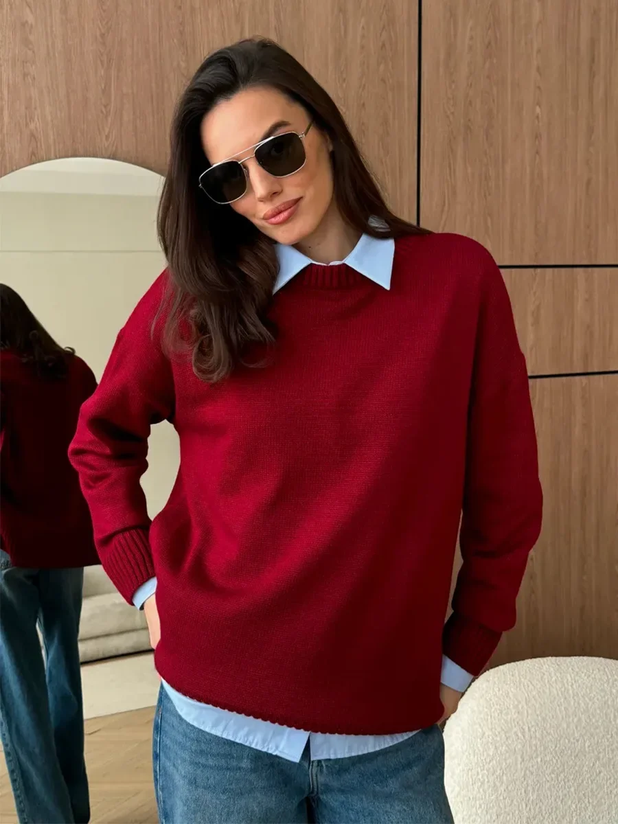 Blubelle dames herfst winter effen kleur gebreide trui met zijsplitten O-hals lange mouw losse pasvorm casual truien