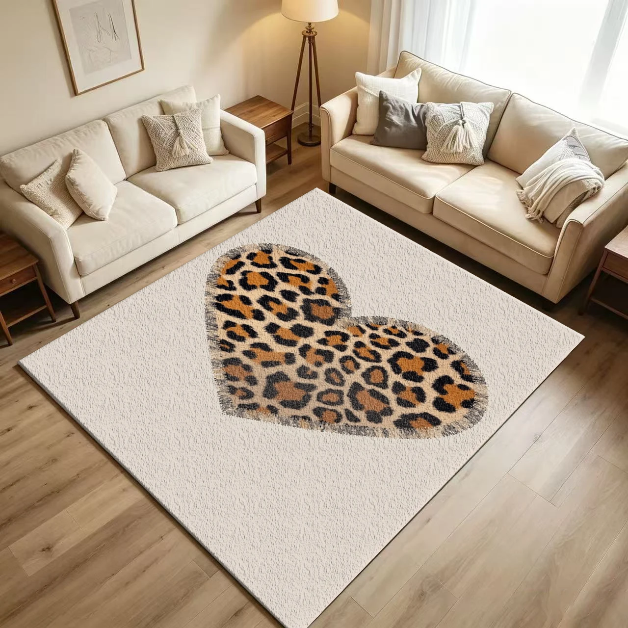 Leopard Print Heart‑Shaped Tassel Carpet Flooring Fashion Animal Pattern Special Shape Printed Floor Rug for Household Indoor Aesthetic Home Decor