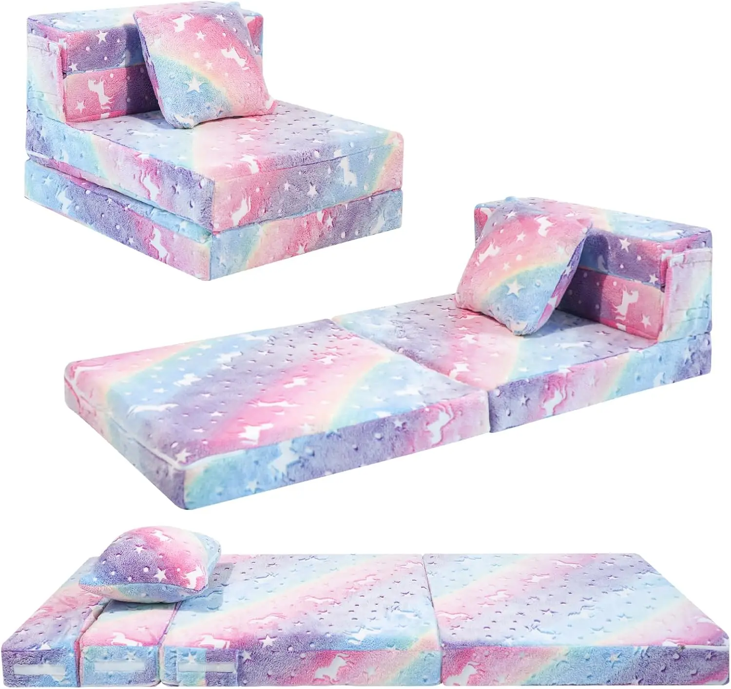 

Детский раскладной диван-кровать MeMoreCool Glow Rainbow Unicorn, складной матрас-футон, кресло и напольный диван для игровой комнаты