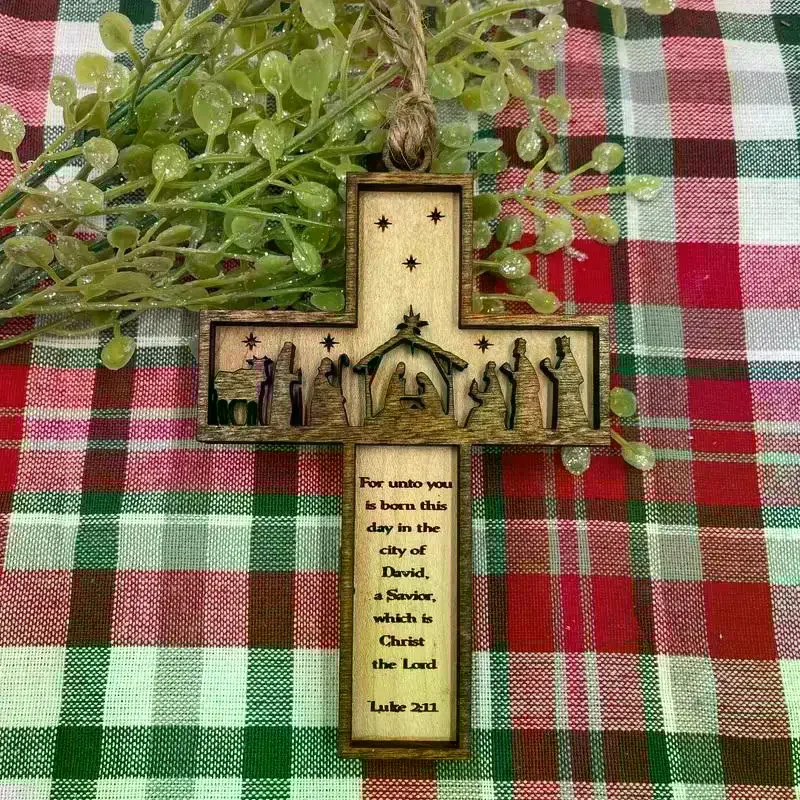 1pc 3D Nativity Scene Wooden Cross Ornament, Handmade Christmas Tree Decoration, Home And Religious Decoration