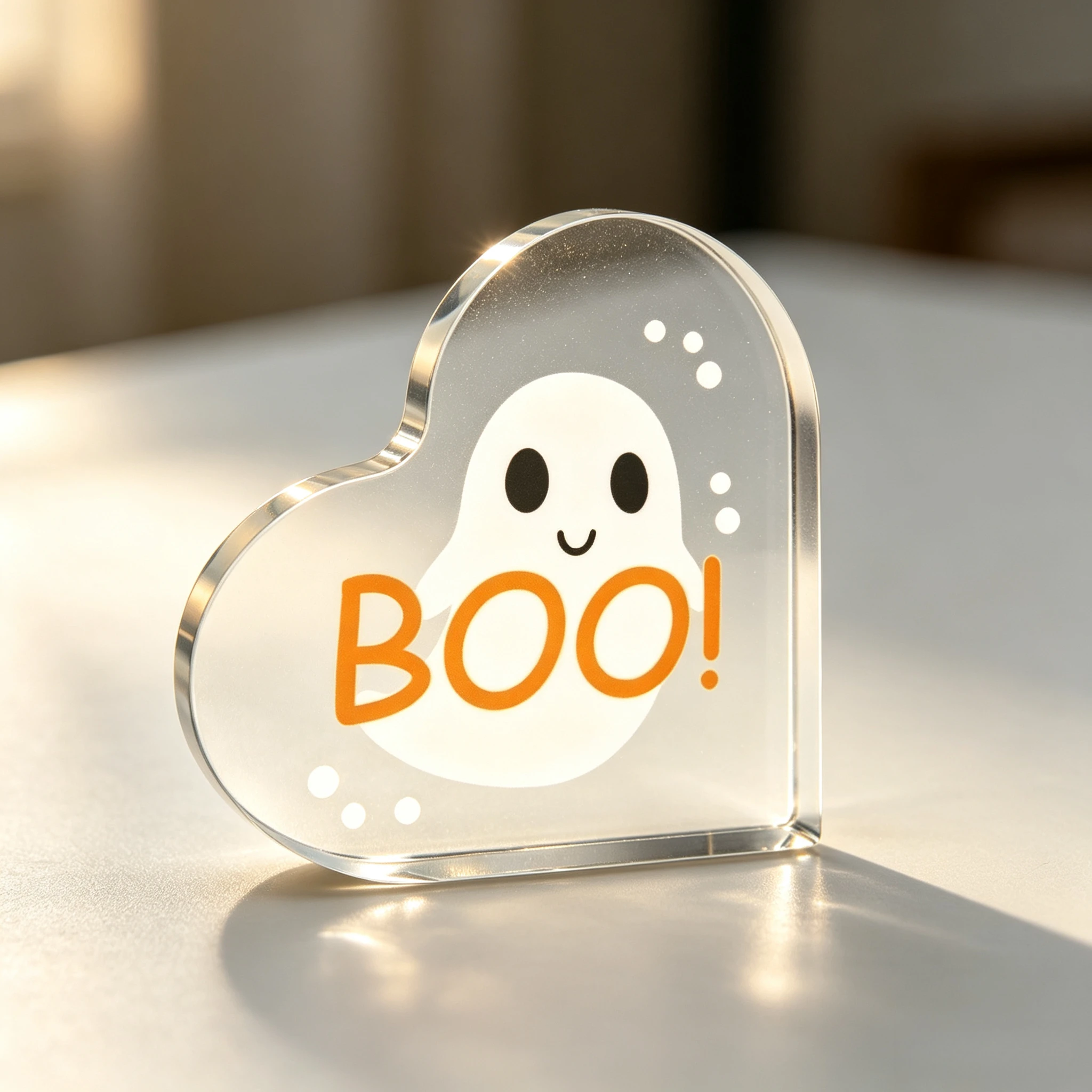 Heart Shape Acrylic Sign, BOO! Cute Smiling Ghost Desktop Ornament, White Polka Dot Table Decor, Minimal Halloween Home Holiday Gift