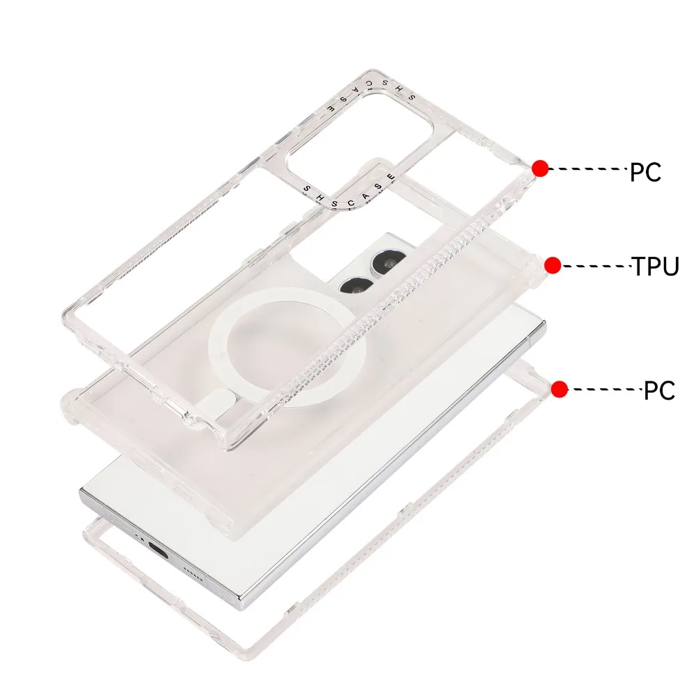 3 in 1 Magnetic Case for Samsung Galaxy S25 S24 Ultra Plus Cover Crystal Anti-knock Air-cushion Shell Magsafe Anti-slip Fundas