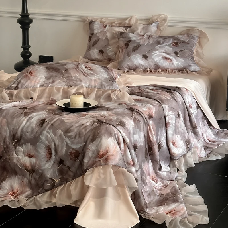 Aanpasbare Franse retro led coole Tencel zomer machinewasbare airconditioner dunne quilt dubbele ijszijde vierdelige set